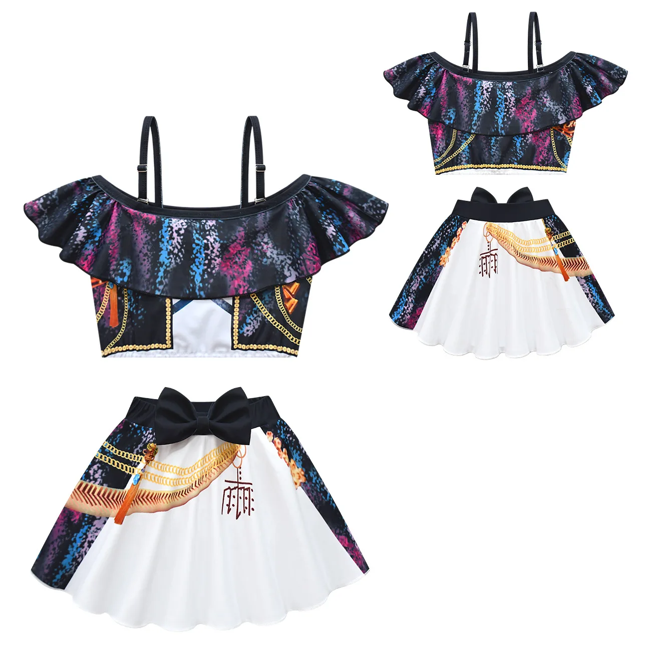 

New Summer Cosplay Children's Swimsuit Set Gril Kids High-elasticity Camisole Dress Two-piece Swimsuit Swim Cap Beachwear