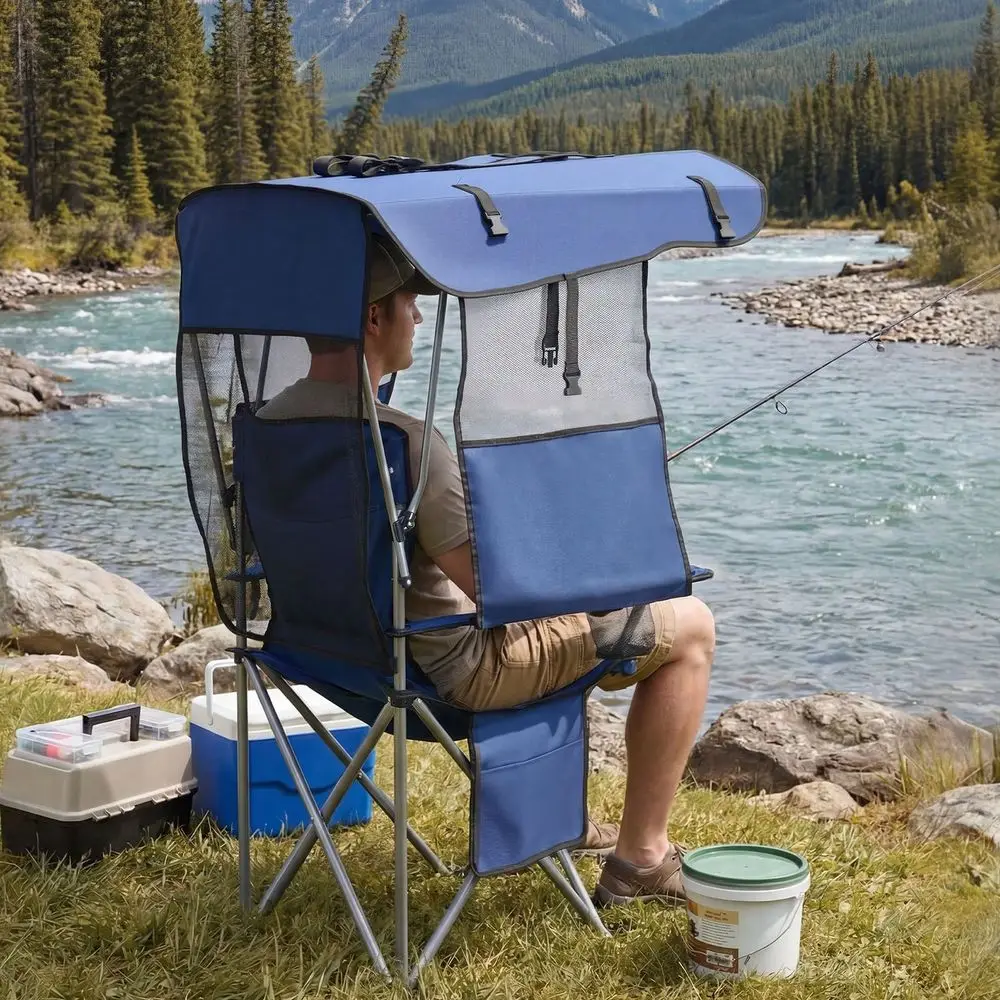 

Chair With Canopy Shade, Folding Beach Chair With Canopy Magazine Pocket, 2 Cup Holders, 330 Lbs Heavy Duty Support, Carry Bags