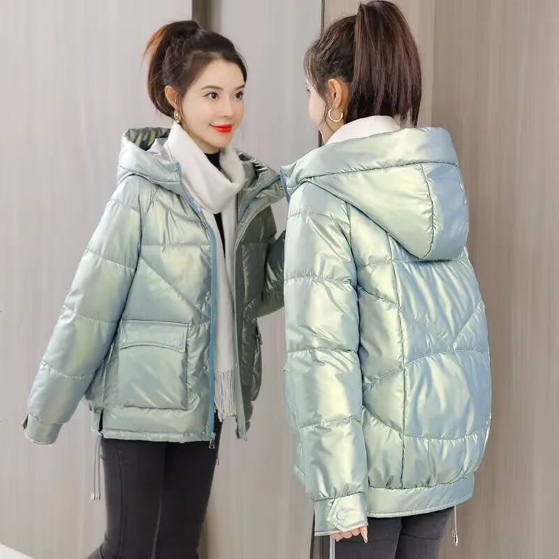 Parka à capuche rembourrée en coton brillant pour femmes, veste d\'hiver, vêtements d\'extérieur décontractés pour femmes, chaud, nouveau, 2025