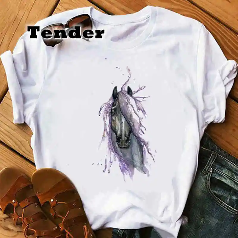 Camiseta de cavalo aquarela feminina, camiseta branca, estética gráfica, manga curta, streetwear grunge, moda feminina, verão, 2022