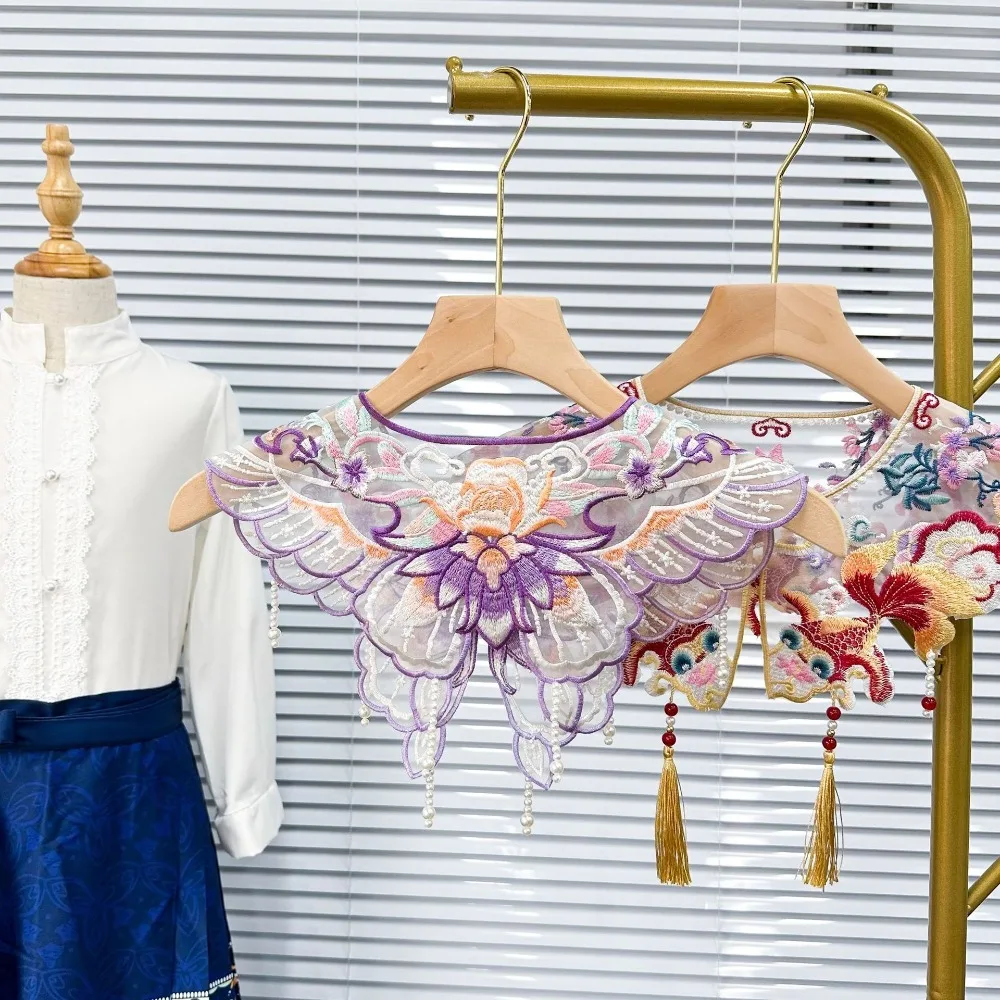 Цветочная вышивка Hanfu, искусственный воротник, красочный жемчужный кружевной искусственный воротник, круглый вырез, украшение в китайском стиле, воротник рубашки