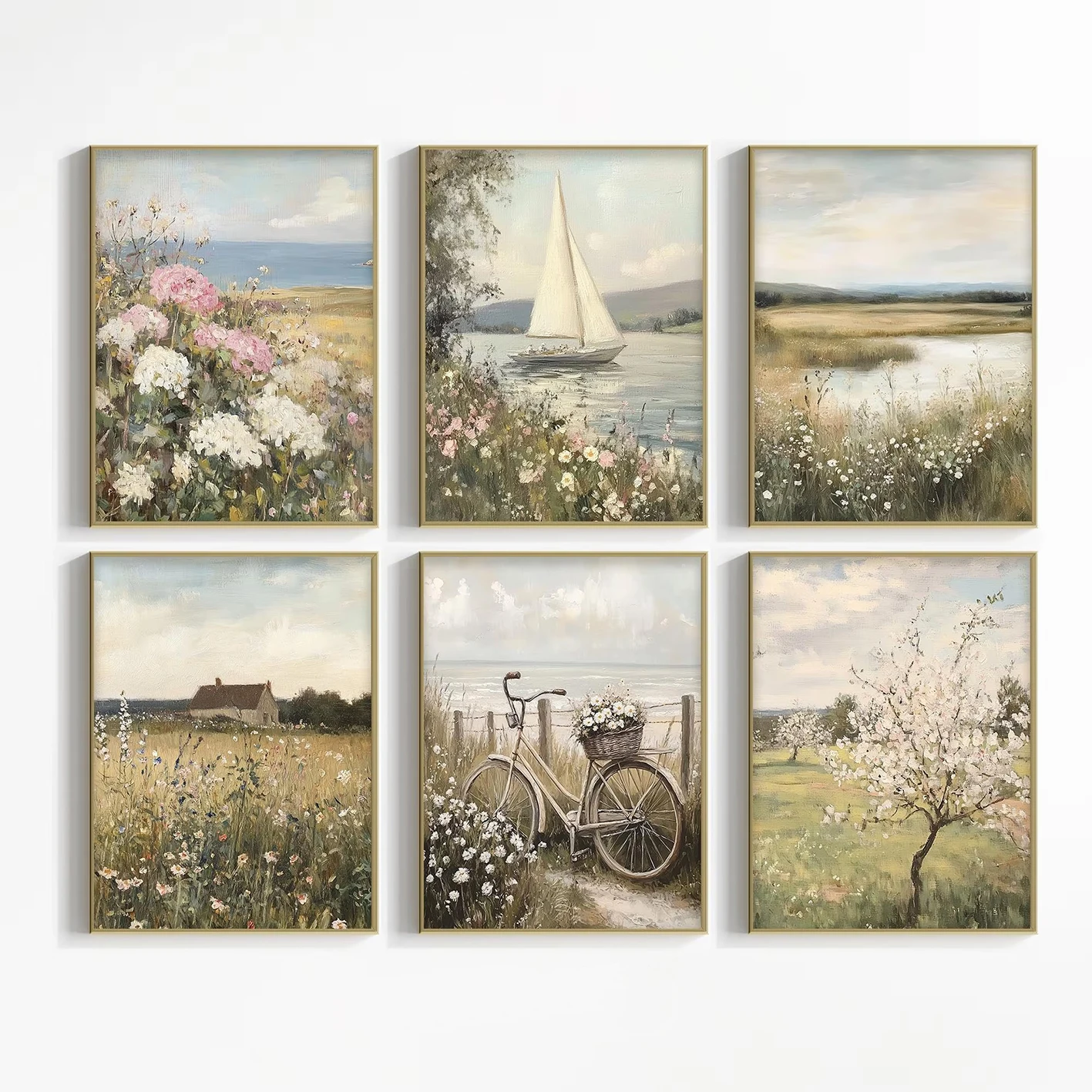 1pcs(No frame) Wildflower Art Prints Set of 6 Neutral-Toned Springtime Paintings Rustic Countryside Scenery Farmhouse-Style Spri