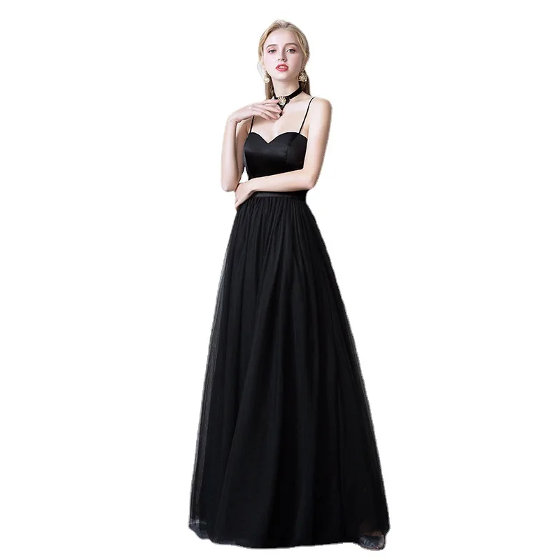 Black Long Camisole Gown Birthday Banquet Host Performance Annual Party Evening Dress Summer