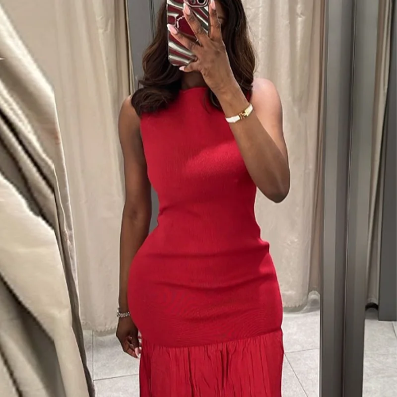 HXAO Red Dress Women's Dress Spring Summer 2025 Ruffled Knit Patchwork Long Dresses Casual Party Dresses Chic Sleeveless Vestido