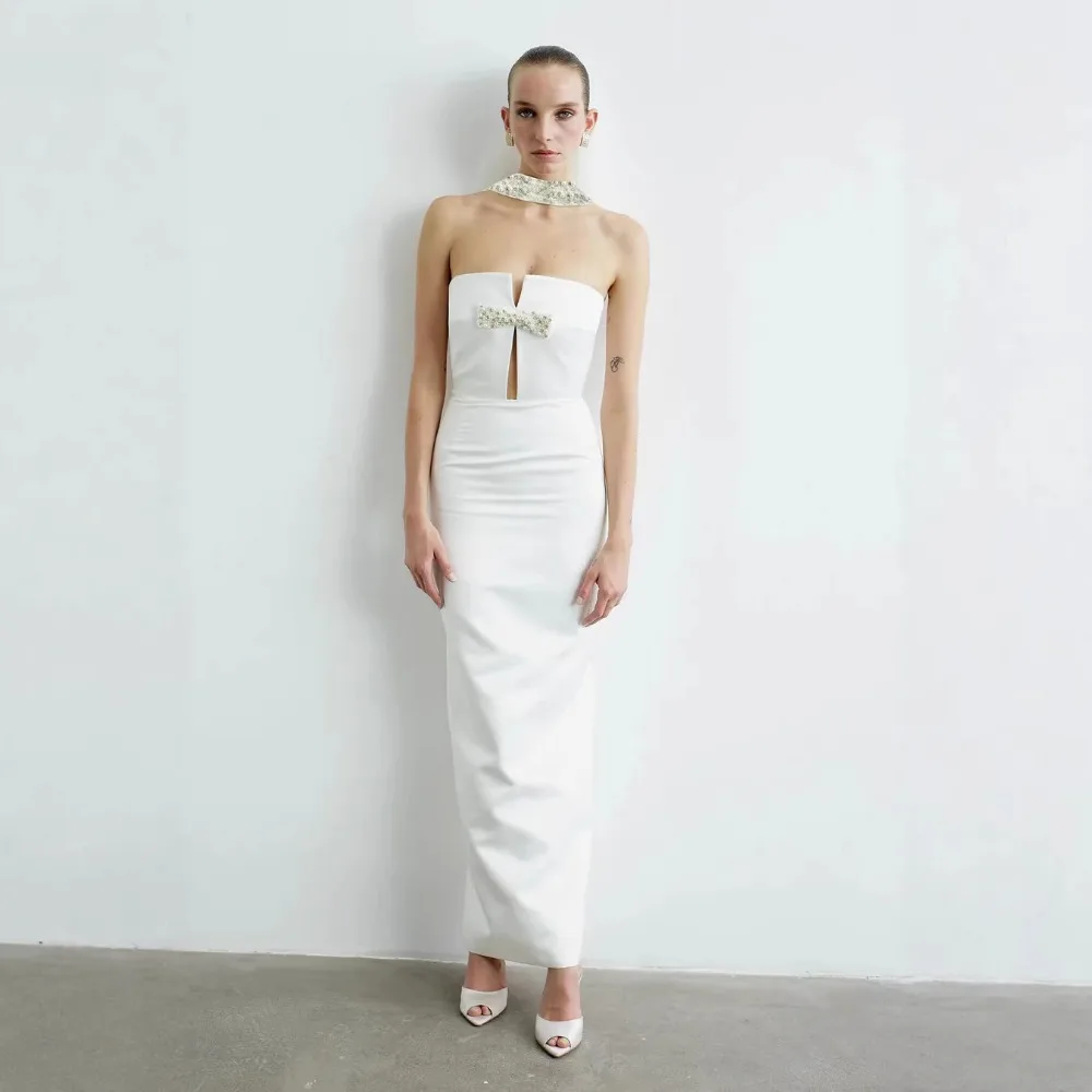 Tube Tops Solid Sleeveless Women Dresses Cutout Crystal Bow Maxi Dress Bodycon Backless Party Bandage Long Dress Prom Gown