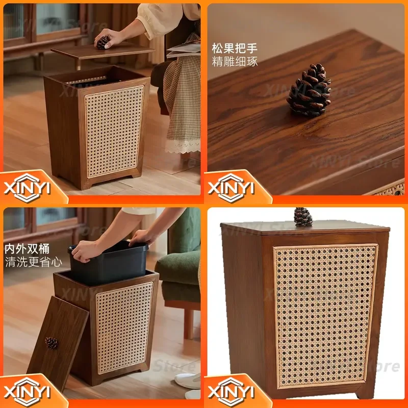 for Wooden Trash Can Household Living Room Kitchen Bedroom Bathroom Square High Value Creative Paper Basket with Cover