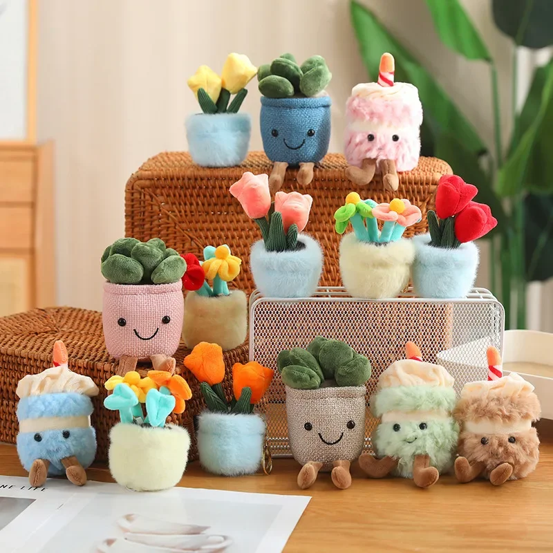 Stuffed Pendant Succulent Tulip Flower Plush Cartoon Cake Toys Soft Potted Flowers Plants Bag Decoration Key Chain Doll Gift