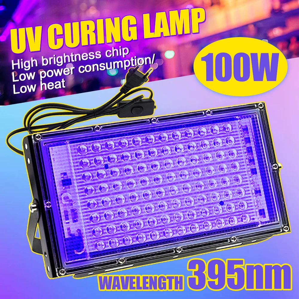 

Портативная ультрафиолетовая лампа 100 Вт, 395 нм, для отверждения УФ-клея, для освещения баров, ночных клубов, прожекторов, наружного освещения