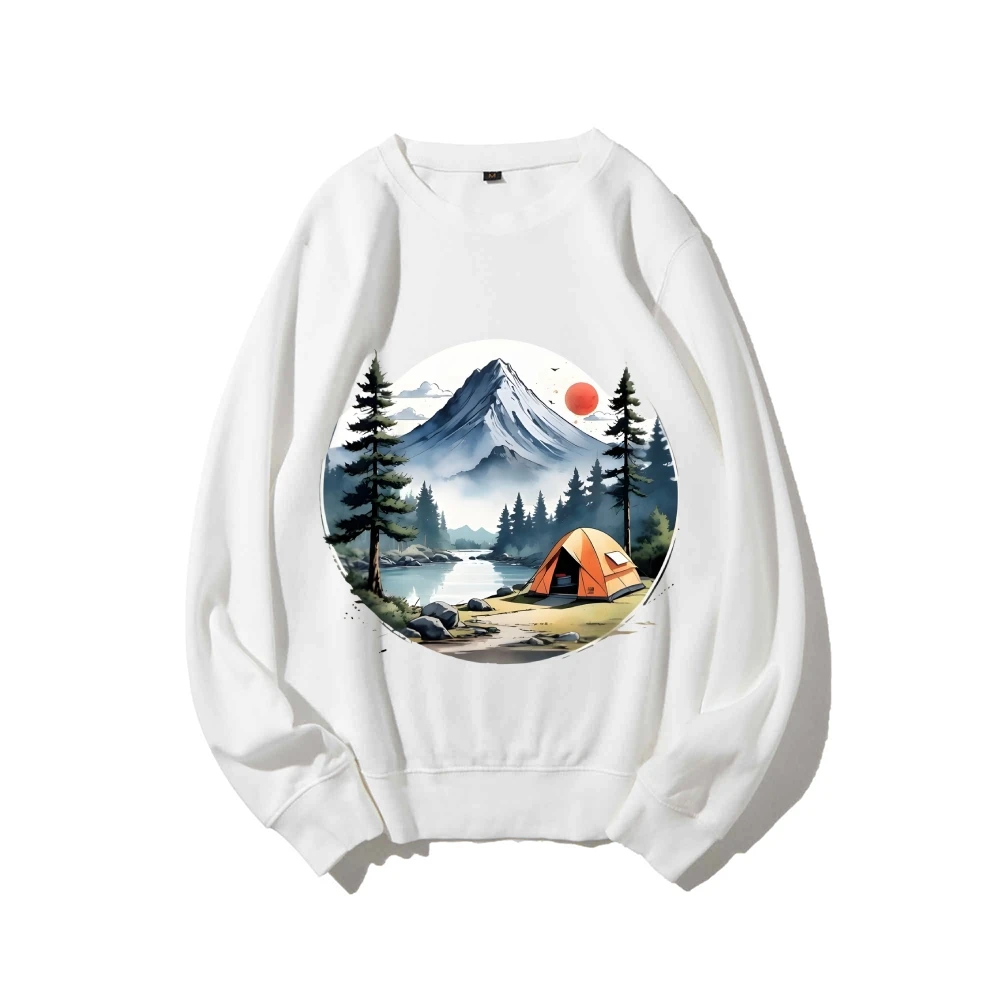 Y2k Graphic Sweatshirt Camping Scene Print Peaceful Adventurous Nature-Loving Soft Fabric Camping-Inspired Casual Clothes
