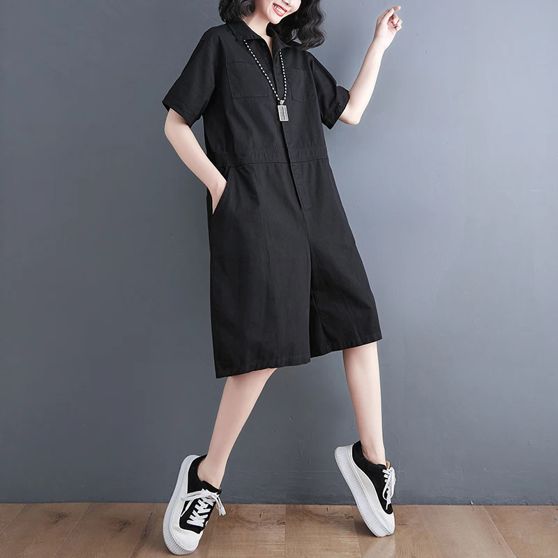 Baju kodok wanita, jumpsuit Romper tambal sulam kancing depan Solid warna Polo leher pakaian sehari-hari biasa overall kasual untuk wanita T132