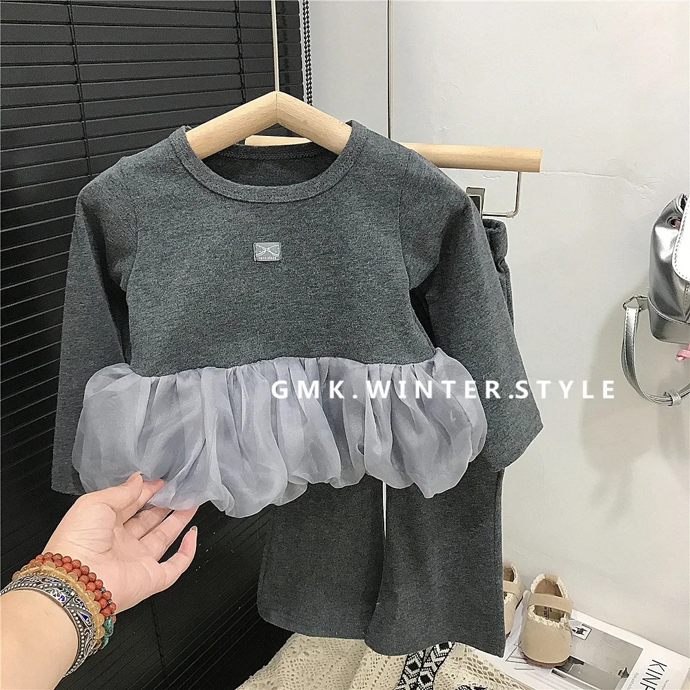 Girls Flower Bud Top Set Spring Autumn Long Sleeve Mesh Splicing Shirt Flares Pants 2pcs Suit Fashion Girls Clothes Set
