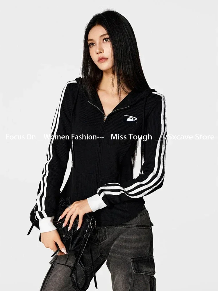 Striped Thin Hoodie Women Black Patchwork Tops Korean Fashion Autumn Coats Long Sleeve Zipper Jacket Female Design Chic Solid