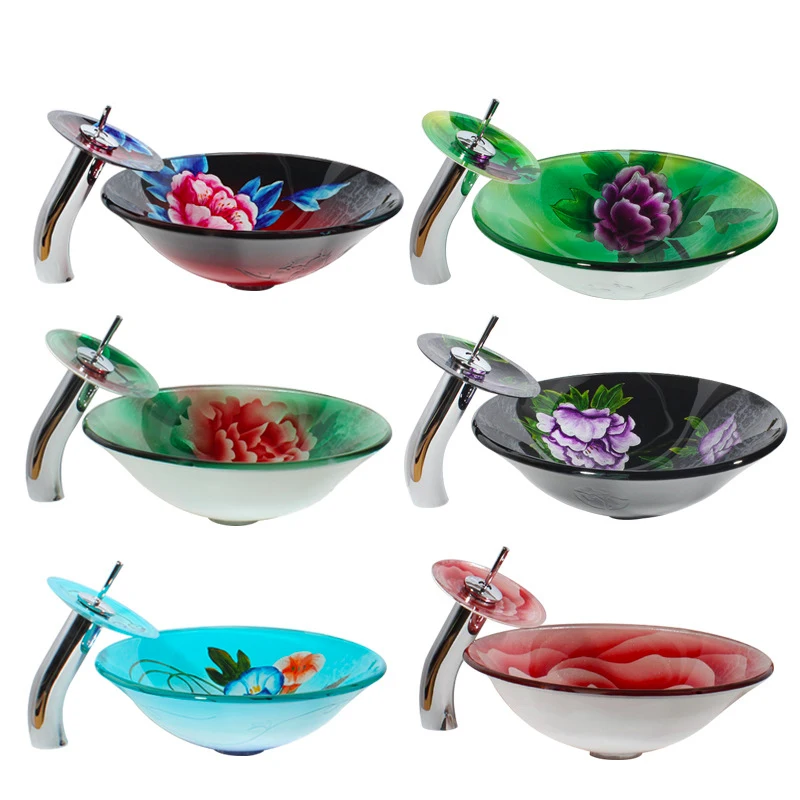 42cm Round Tempered Glass Bathroom Sinks Various Patterns Art Countertop Washbasin Toilet Vessel Basin With Faucet Drain Sets