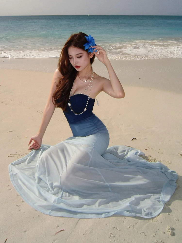 Bleu adient Strapl longue Dr Ele Fi queue jupe plage Vaion Sle robe No Sve soirée Par Wear