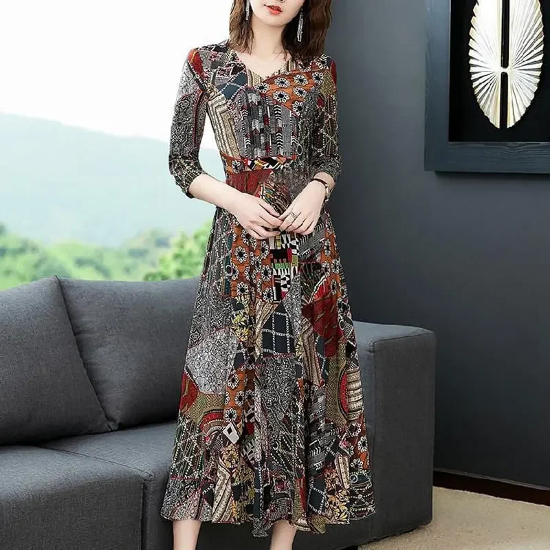 

Elegant V-Neck Folk Printed Midi Dress Vintage Women's Clothing 3/4 Sleeve Spring Summer A-Line Waist Spliced Dresses CY426