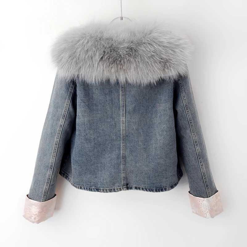 Natural Fox Fur Collar Rabbit Hair Liner Denim Jacket Women Cowboy Outwear Winter Thick Vintage Slim Short Jeans Jacket Female