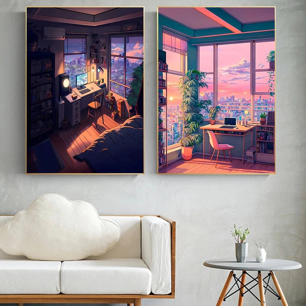 Wall Art Night View Outside The Window of The City Room Cartoon Posters Canvas Painting and Prints Pictures for Room Home Decor