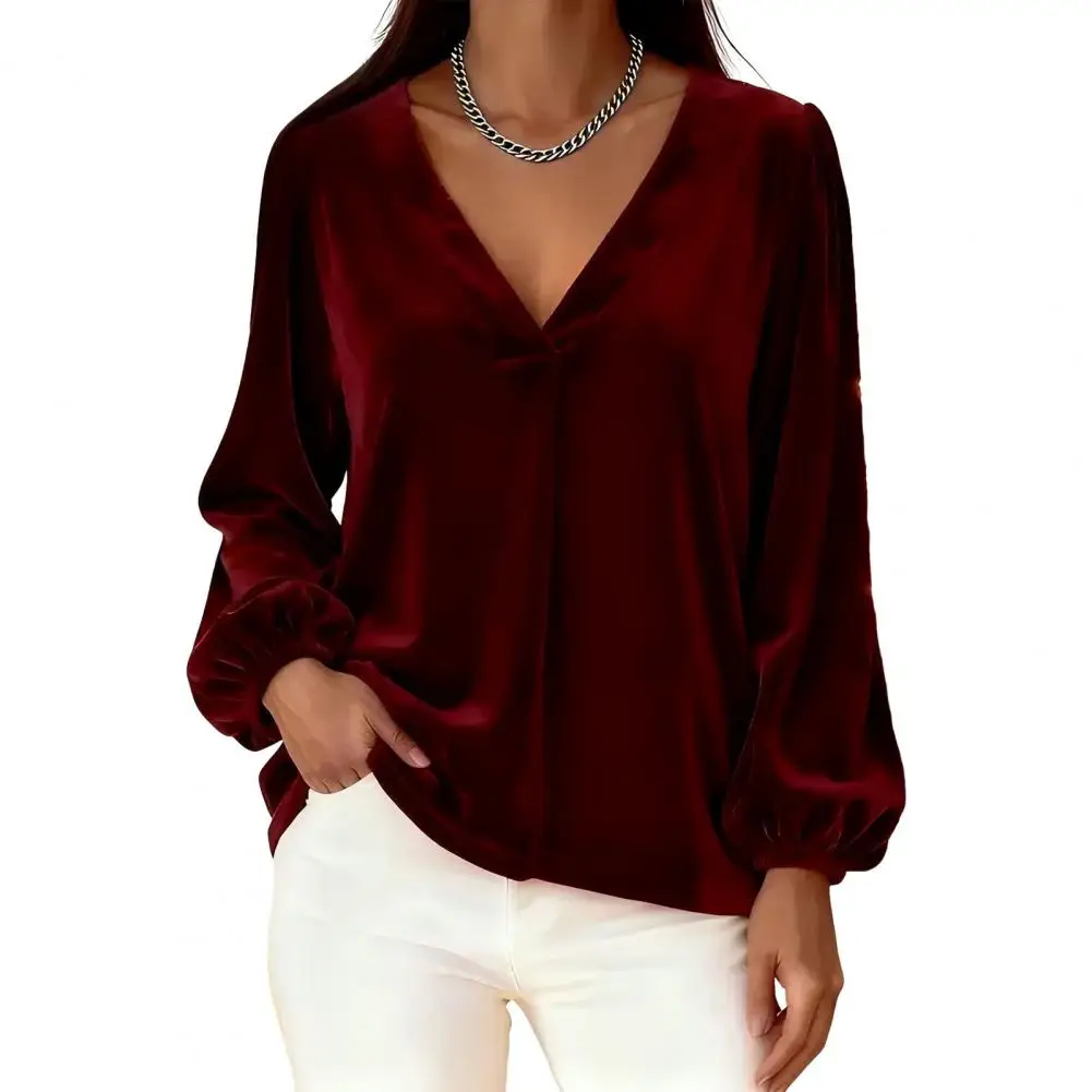Women Tops Women Blouse Women’s V Neck Lantern Sleeve Tops Loose Fit Long Sleeve Shirts Soft Stretchy Solid Color for Spring