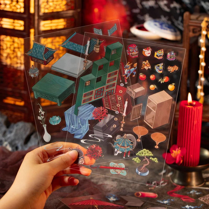 Pegatinas de escena 3D de PET de terror sutil de estilo chino de 3 piezas, diseños dimensionales orientales de Eerie, para diario y bricolaje temático