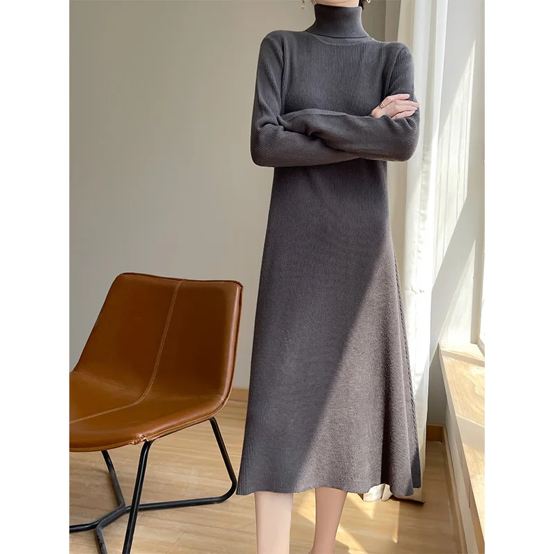 Autumn And Winter Solid Color Medium Long Knitted Dress Women's High Neck Loose Sweater Pullover Long Sleeved Knitted Skirt