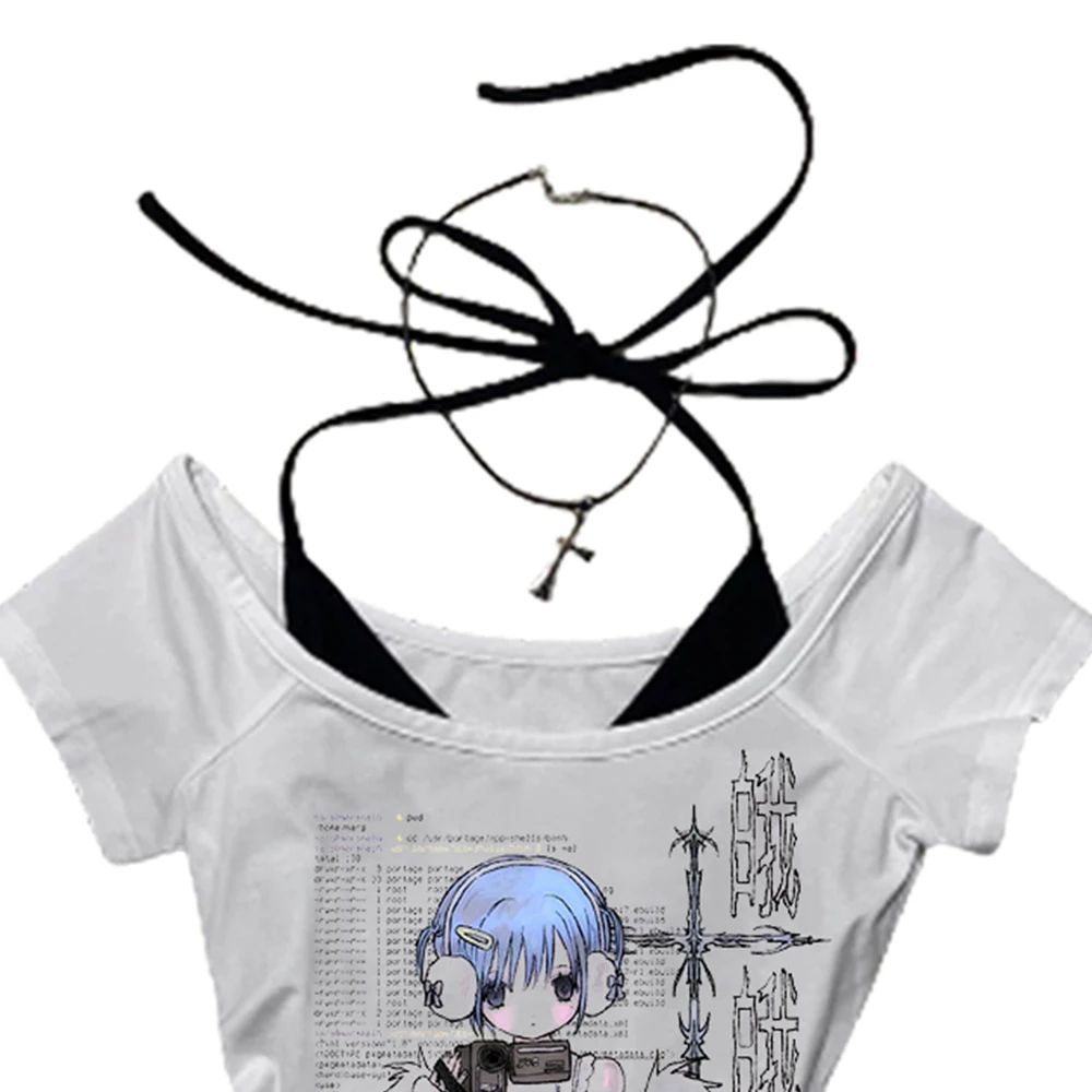 アニメパターン印刷セクシーなクロップトップ女性のベスト夏ゴス女性ベスト Y2k 2000s ベビートップ服エモコケットレジャー Tシャツ