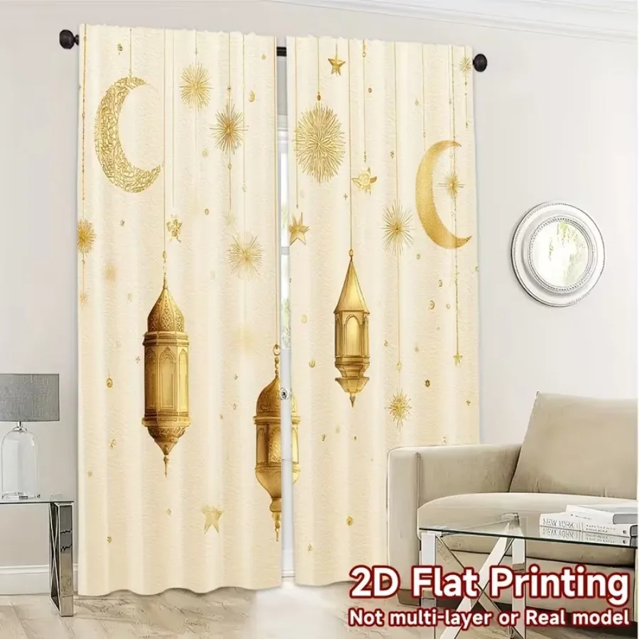 2 PCS Golden Lantern Curtains, Festive Celebration Style Window Drapes for Living Room Bedroom Home Decor Polyester Rod Pocket