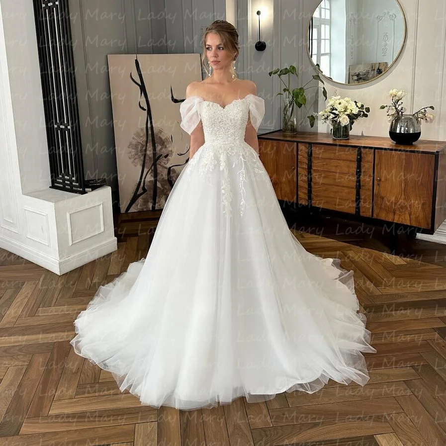 

2024 Elegant Lace Wedding Dresses A Line Off The Shoulder Lacing Up Back Sweep Train Formal Bridal Gowns Garden Church Vestidos