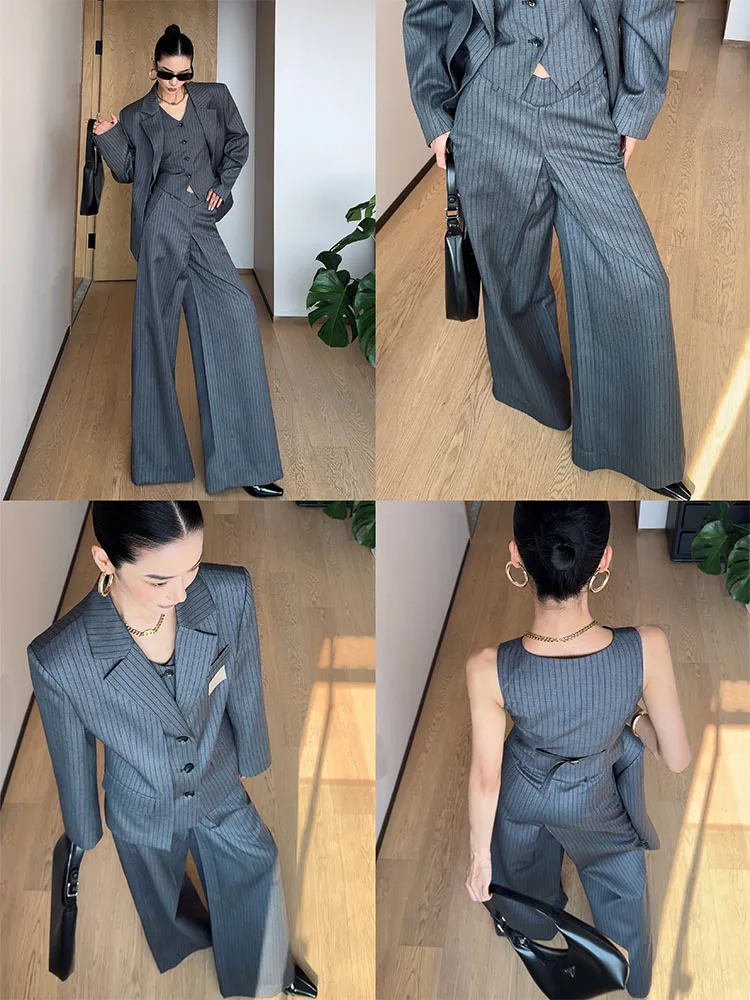 

CIZZLEMORE Bright Tead Stripe Suit Waist Cinched Vest High Waist Wide Leg Casual Pants Tee Piece Set Women's Busin Wear