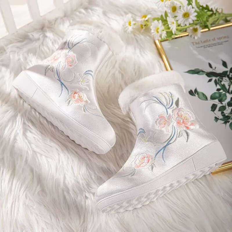 Hanfu chinois bottes brodées chaussures femmes blanc rouge rehausser Hanfu savon bottes courtes chaussures pour femmes grande taille 35-40 #