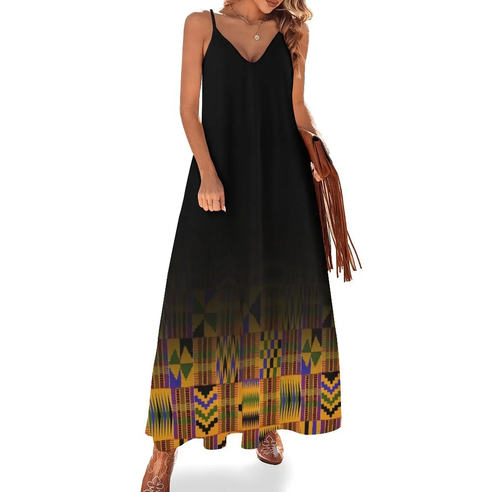 black fading kente print Sleeveless Dress Women long dress dresses for special events loose women's dress Women's