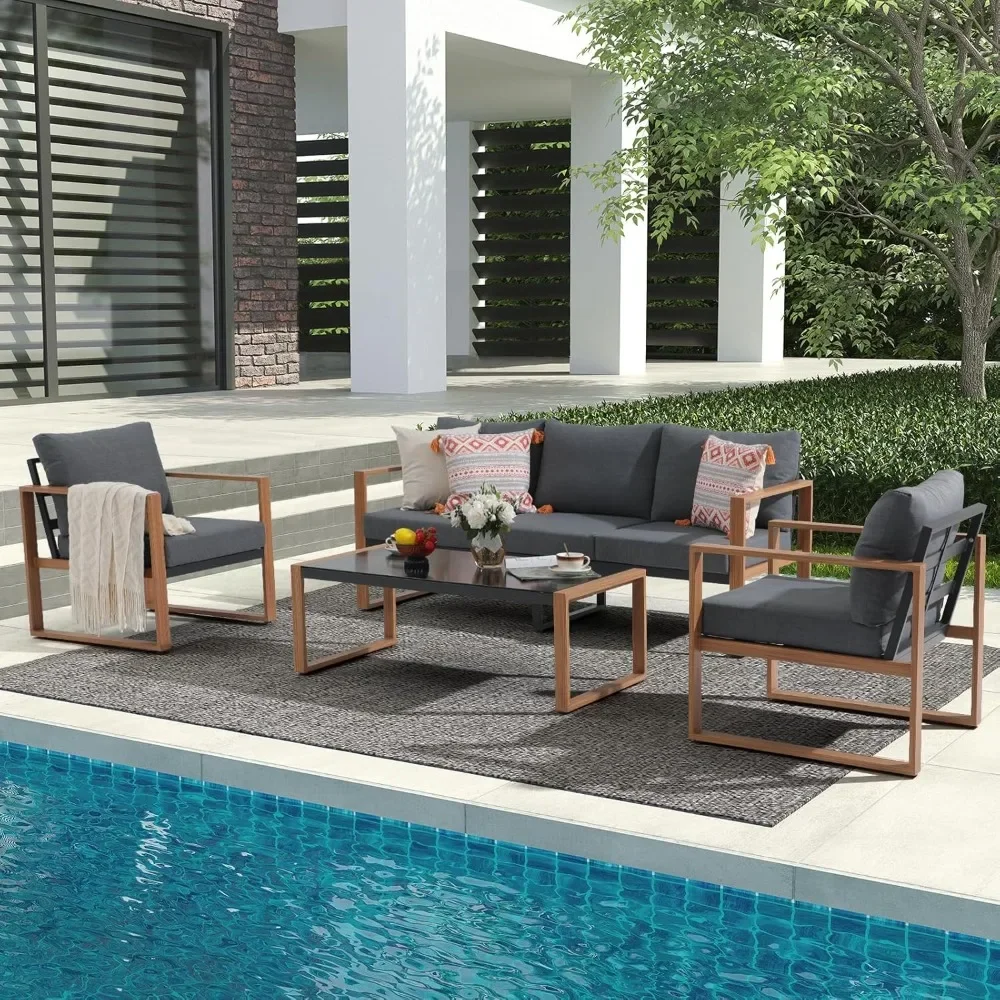 

Aluminum Outdoor Patio Furniture Set, 4 Pieces Patio Sets with Wood Grain Finish,Sofa Set for 5 with 3-seat Sofa,Couch and Table