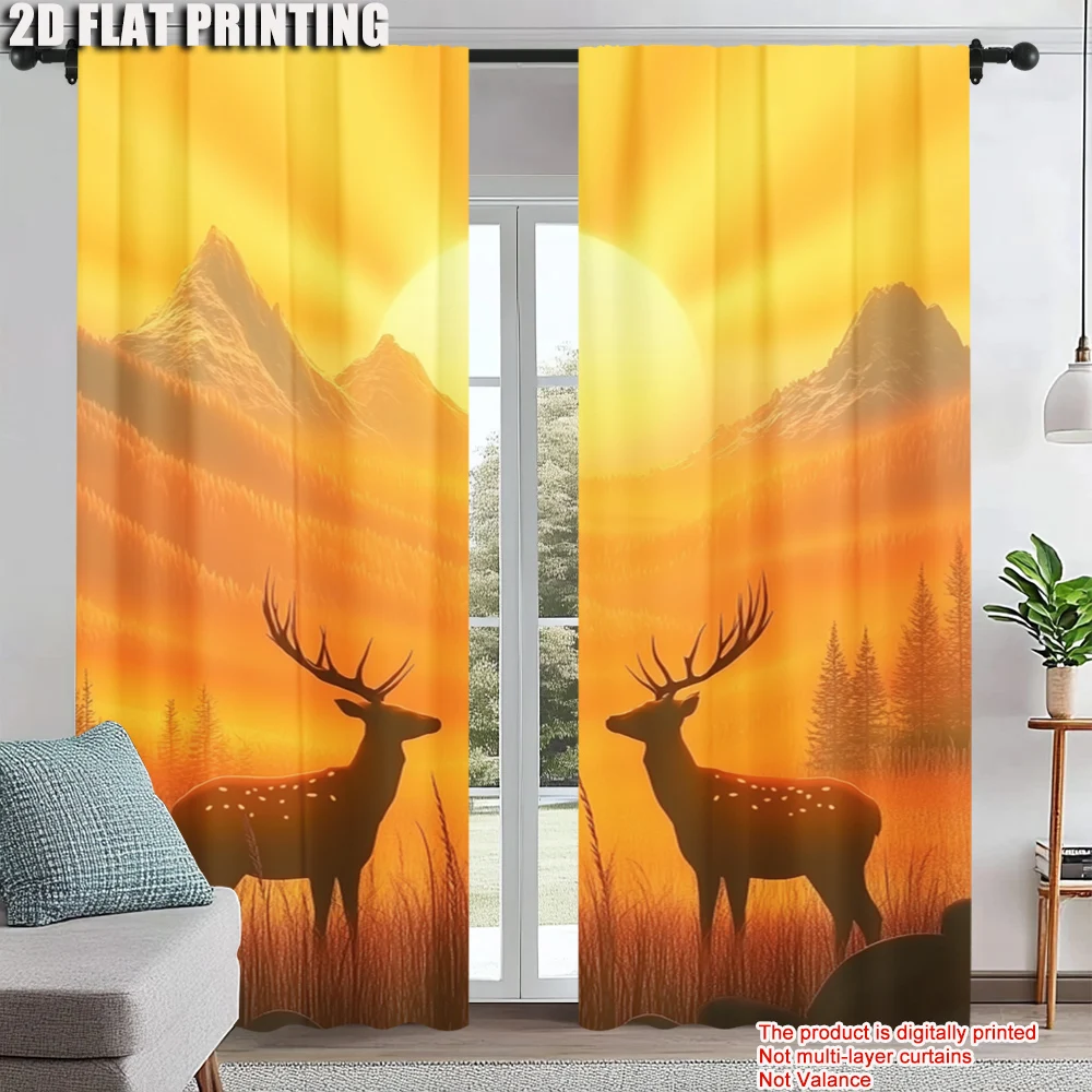 

2Pcs Modern Rod Hole Deer Print Curtains Light-Filtering Window Drapes For Bedroom Living Room Machine Washable Decorative