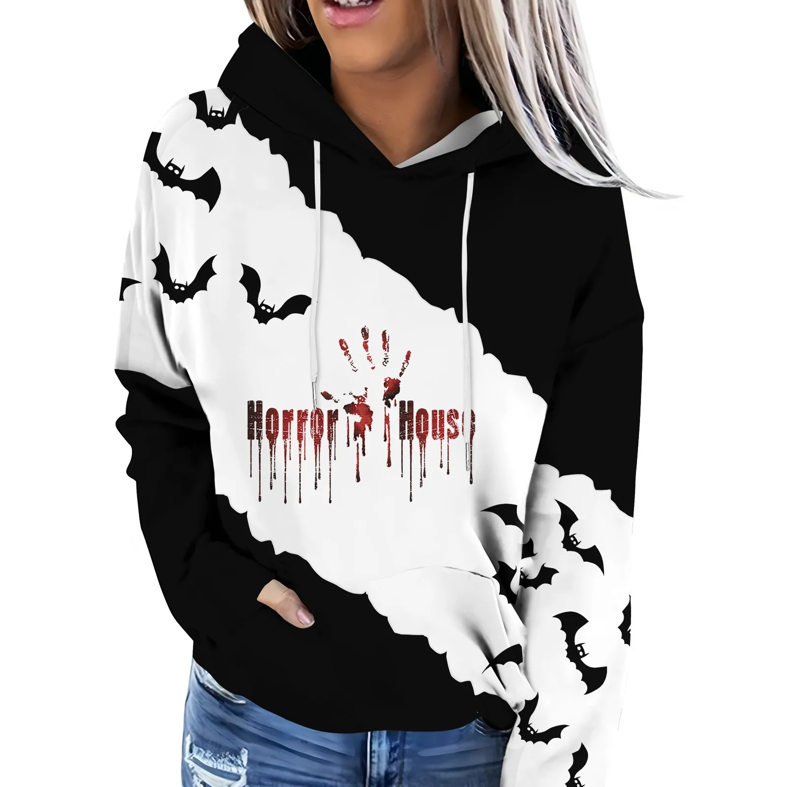 Hoodie Women\'S Halloween Printed Long Sleeved Sports Shirt Casual Party Costume Hooded Pullover With Pocket