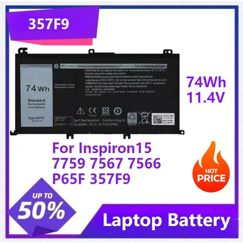 

357F9 аккумулятор для ноутбука DELL Inspiron 15 7559 7000 7557 7567 7566 5576 5577 P57F P65F 11,1 В 74 Втч