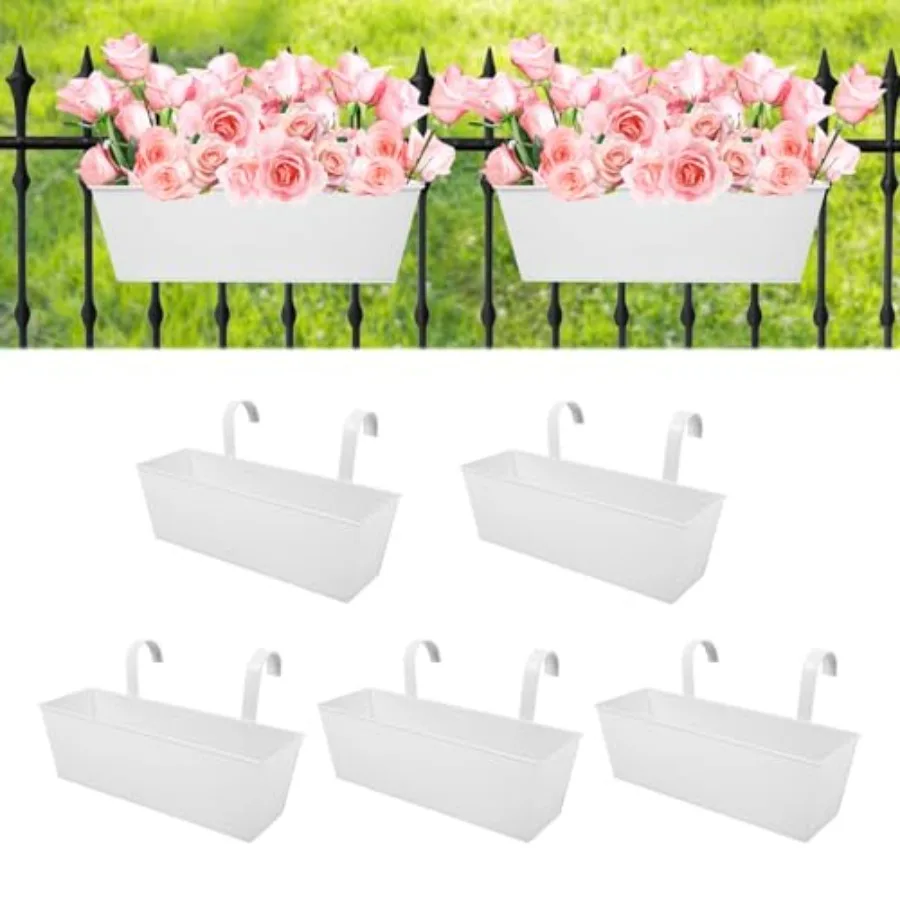 

Railing Planters Outdoor Balcony 16 Inch Deck Over The Railing Planter Boxes Hanging Planters for Fence Flower 5 Pcs White