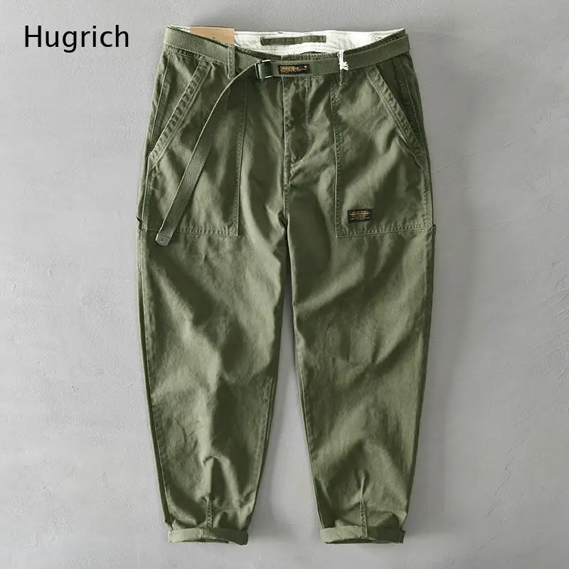 Men's Vintage Washed Cotton Matching Belt Big Patch Pocket Roll Cuff Relax Cropped Cargo Pants