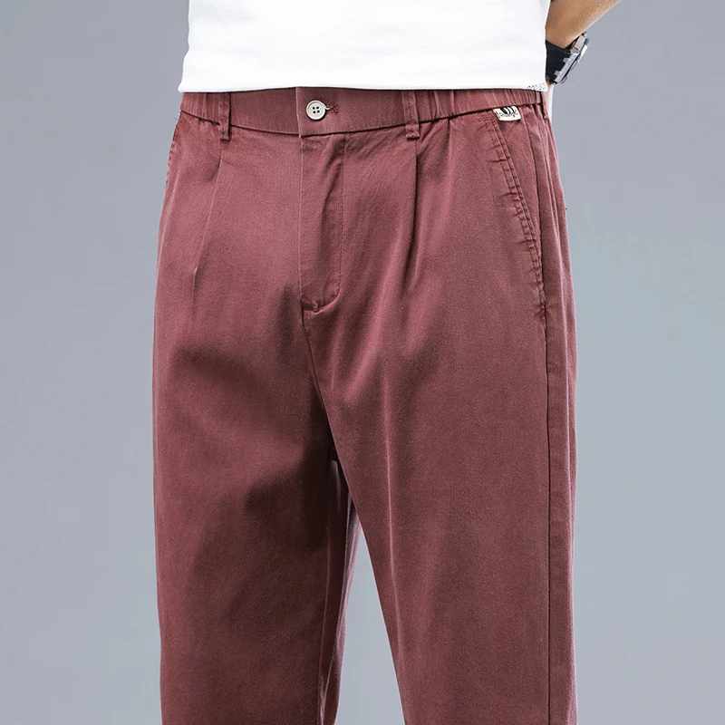 New Summer Lyocell Fabric Casual Pants Men Thin Slim Elastic Waist Soft Cosy Korea Jogger Work Wine Red Male Trousers