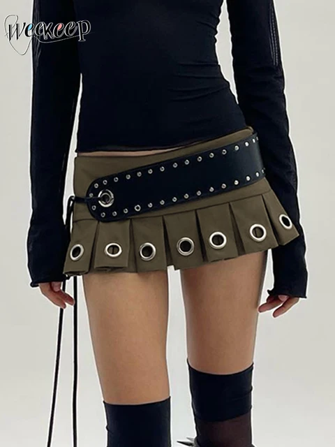 Emo Rave Outfit|y2k Punk Mini Pleated Skirt With Pu Belt - Autumn Sexy  Grunge Outfit