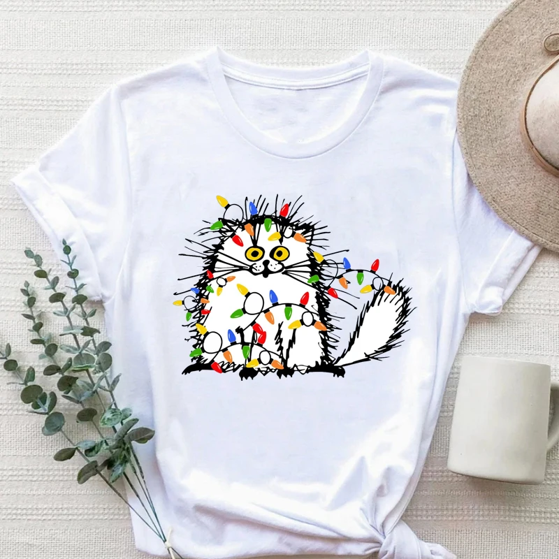 

Christmas Funny Cat Shirt Cute Cat Lover Tshirt Animal Print Women Clothes Harajuku Christmas Gift