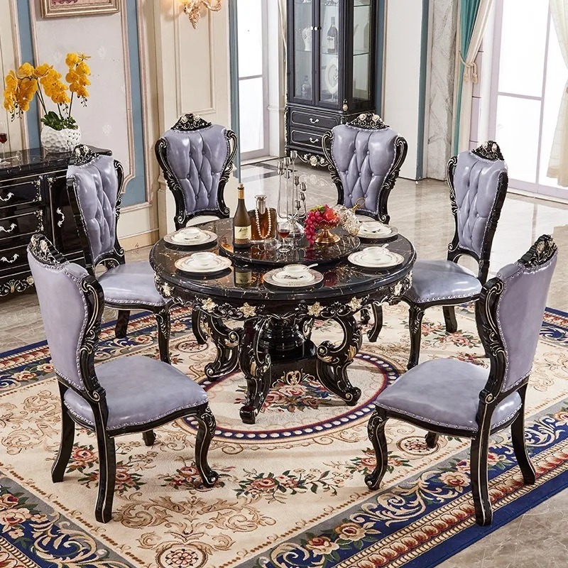 European French Royal Antique Style Durable & Comfortable Black Marble Wooden Round Dining Table with Six Purple Leather Chairs
