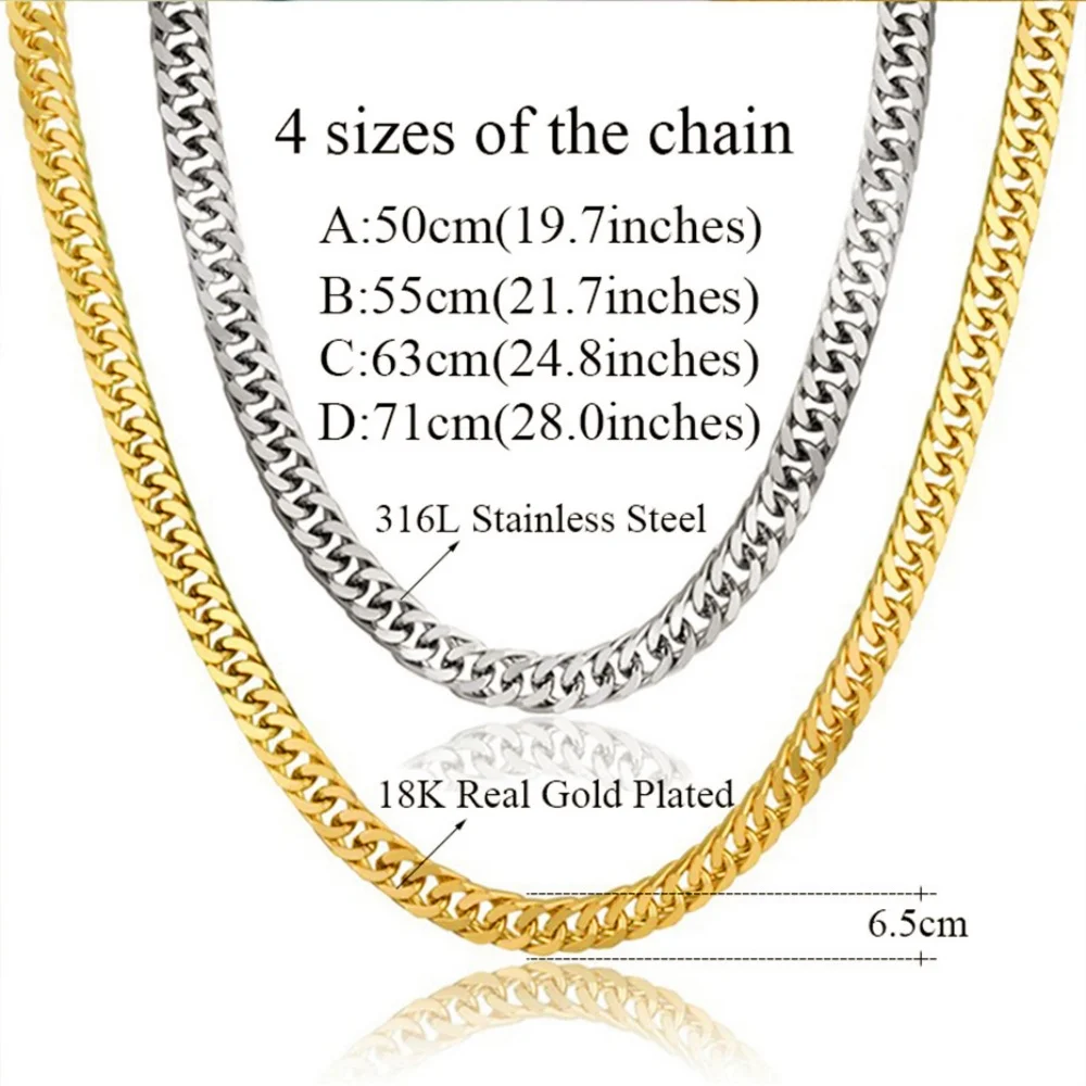 6.5mm Silver Tone/Black Gold Plated Chains for Men Boys, Mens Necklace Chains Stainless Steel Thick Cuban Link Chain Necklace