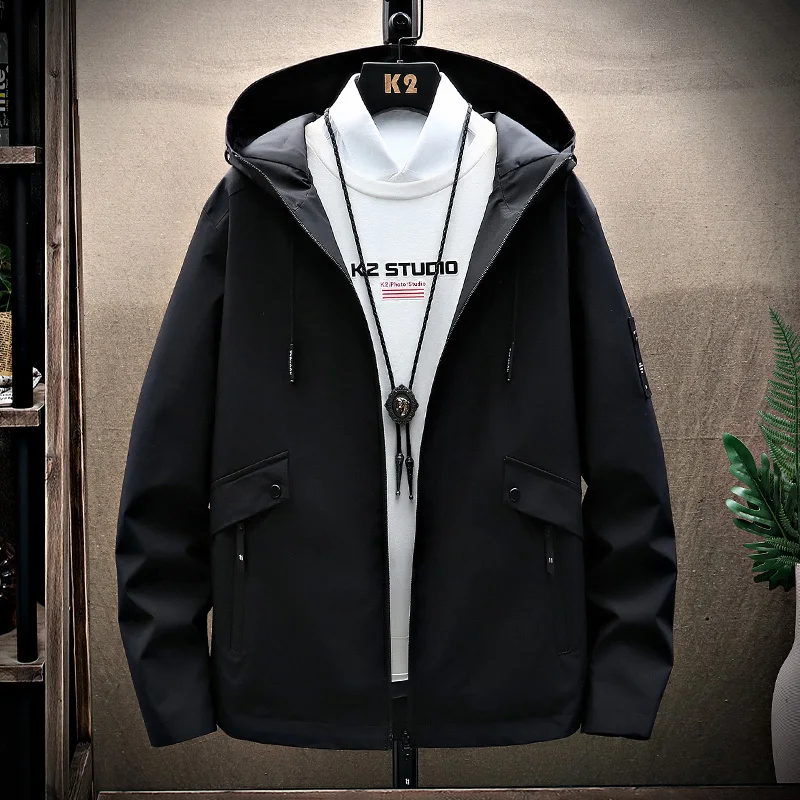 

Autumn men's jacket, stylish loose and casual top autumn and spring long sleeved hooded windbreaker