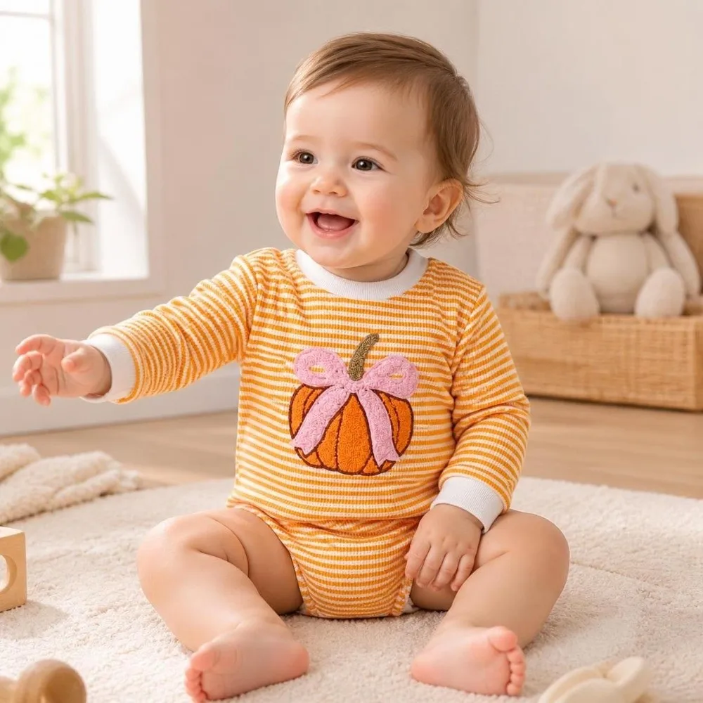 Cute Bow Pumpkin Embroidery Bodysuit Long Sleeve Button Closure Infant Romper Jumpsuit Autumn Season