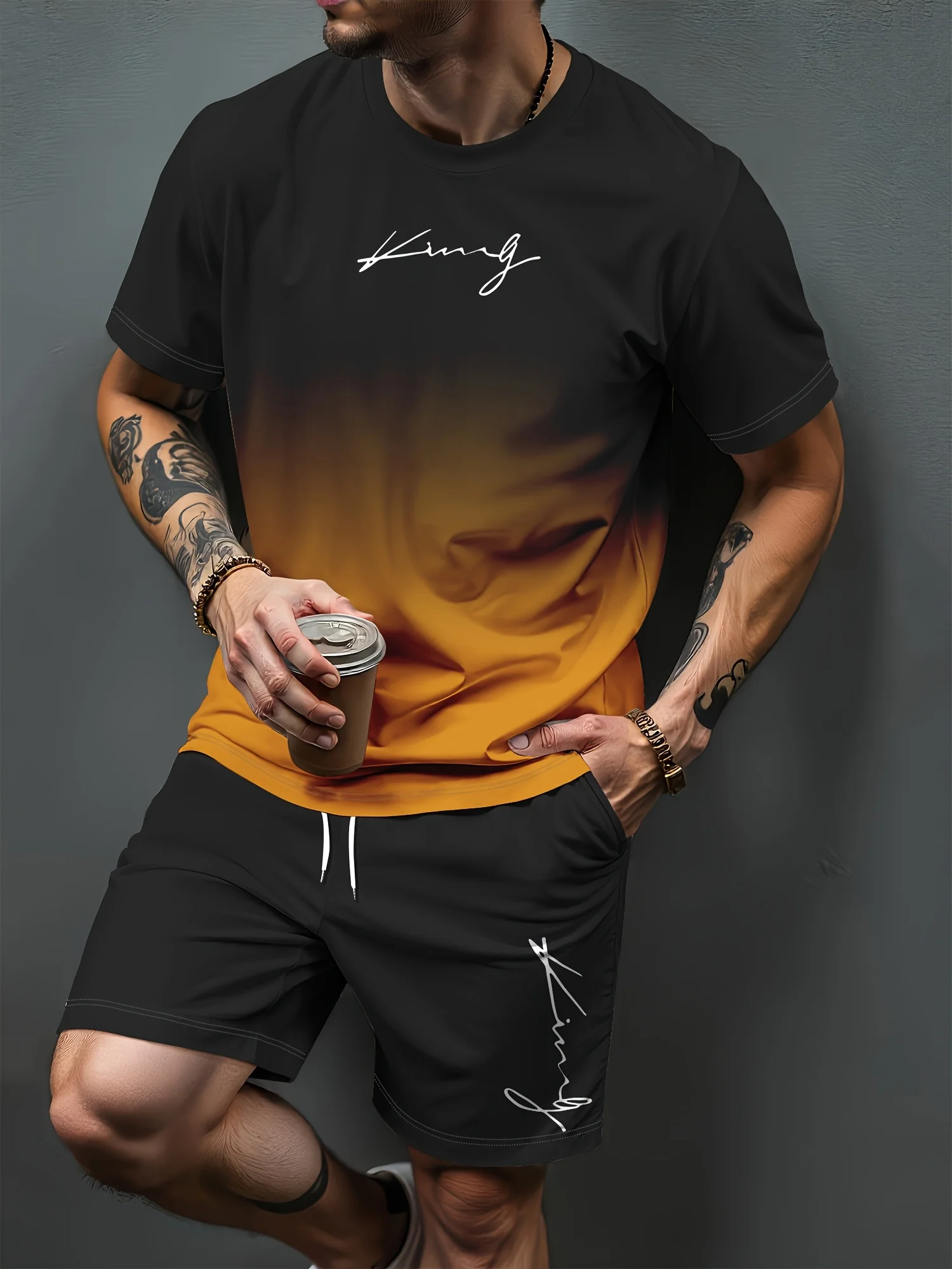 رجل الصيف عادية ثلاثية الأبعاد تي شيرت مطبوع و مجموعة تي شيرتات قصيرة للأطفال التدرج إلكتروني نمط رياضي قطعتين مجموعة الموضة الحضرية عادية الاتجاه مجموعة