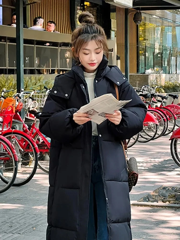 Parka larga y recta para mujer, abrigo de algodón con capucha, chaqueta acolchada holgada coreana, Parkas cálidas a la moda, prendas de vestir de