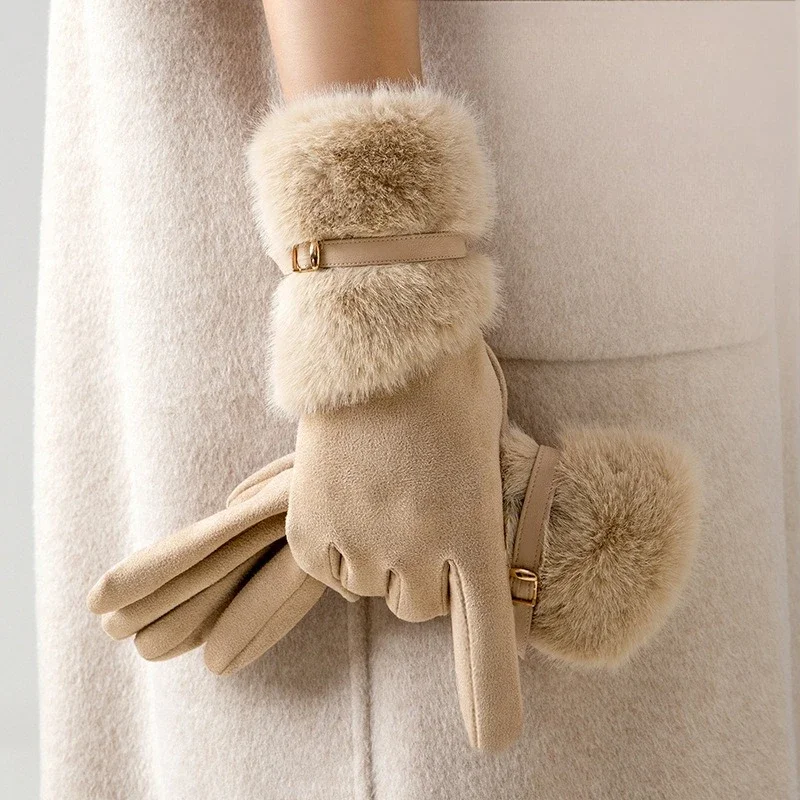 Winter New Double Layered Velvet Riding Gloves for Women Fashion Elegant Touch Screen Gloves Women Thickening Warm Suede Gloves