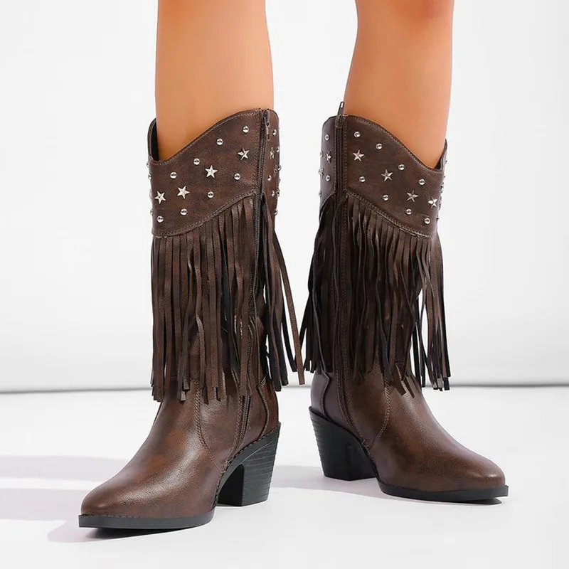 Fashion Women Western Cowboy Mid Calf Boots Block Heel Pointed Toe Star Rivet Tassel Retro Cowgirl Boots for Festival Party Shoe