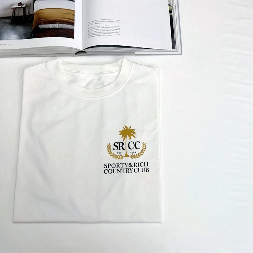 American Vintage Style Country Club Pocket Printing White T Shirts Women Summer Short Sleeve Loose Cotton 90\'s Aesthetic Tees