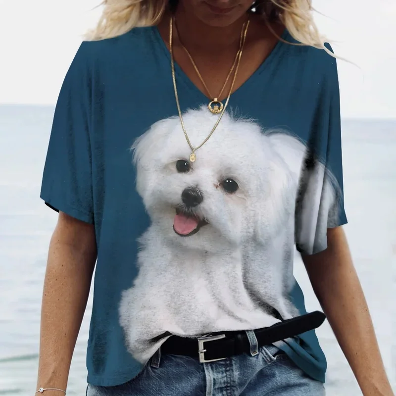 Great offer, women's t-shirt with 3D pet dog print, fashionable short-sleeved V-neck t-shirts, clothing.