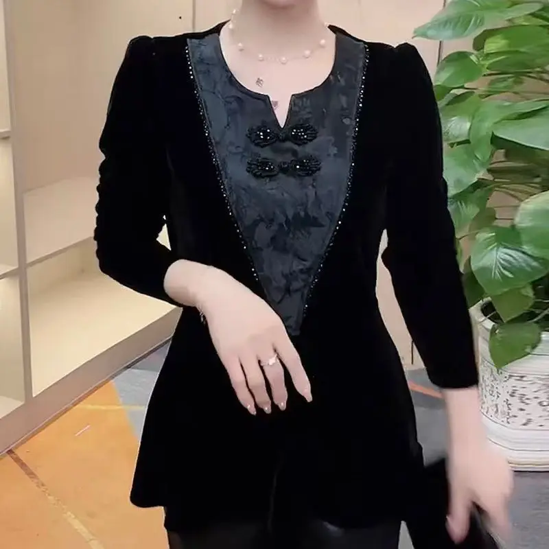 

Autumn New Design New Chinese-style Chinese Style Bottoming Shirt Feminine and Versatile Long-sleeved Gold Velvet Top
